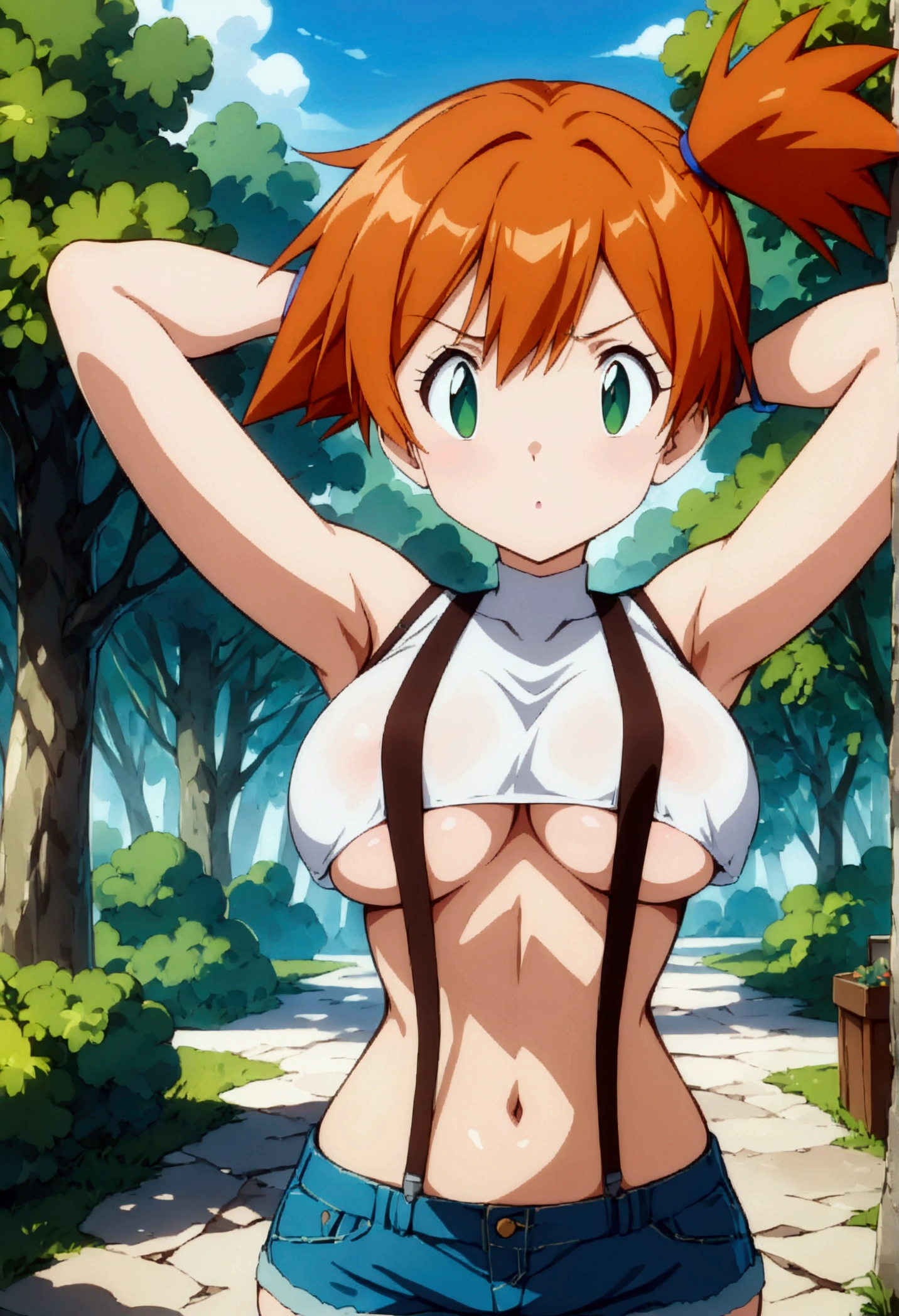 (score_9, score_8_up, score_7_up), ((best quality, masterpiece)),perfect anatomy,((aesthetic,very aesthetic)),official style,(intricate.hyper-detailed), (ultra-high resolution),source_anime.(front view),breast focus ,straight-on,,standing pose,  (mature) ,1girl, Outdoor, Green Eyes, Orange Hair, , Yellow Shirt, Sleeveless shirt,belly button, Denim shorts, suspenders,    (slender), under_boob,unity 8k wallpaper.extremely detailed CG, ,,
