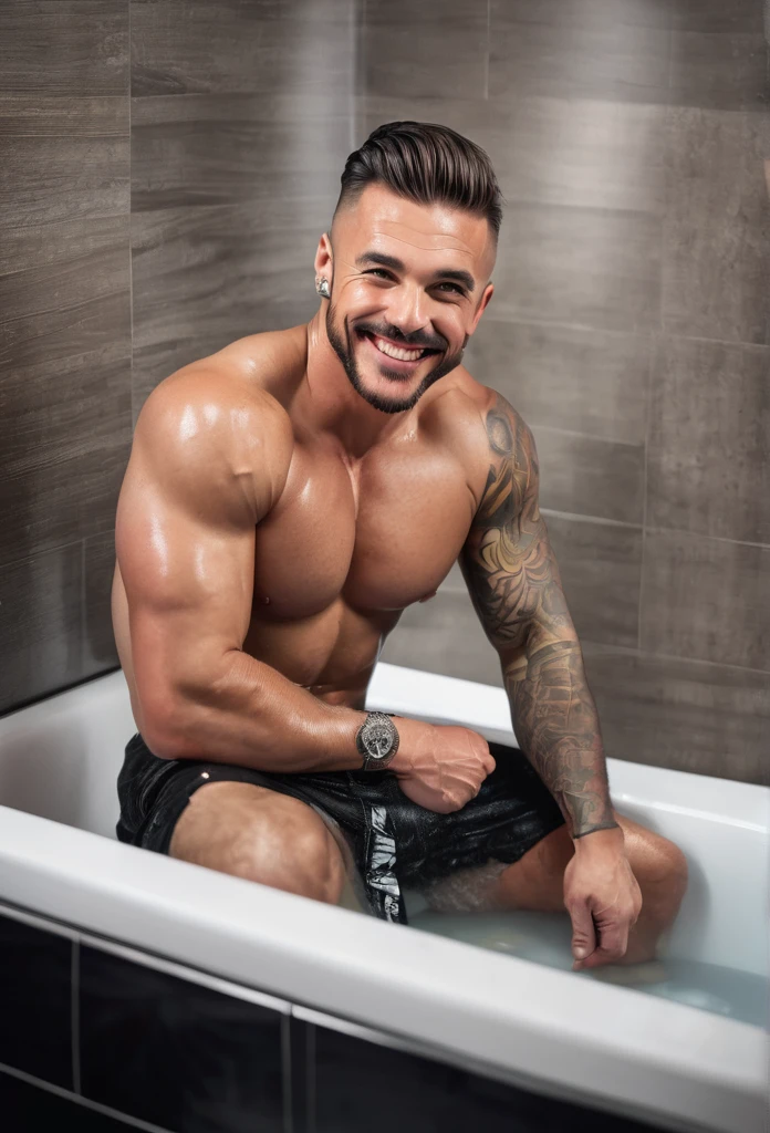 Award-winning original photos, 30 year old man and wild muscle man, strong, hunk, tattooed, Smile happily, Detailed, Nice, Full body, skinny jockstrap in the bathtube