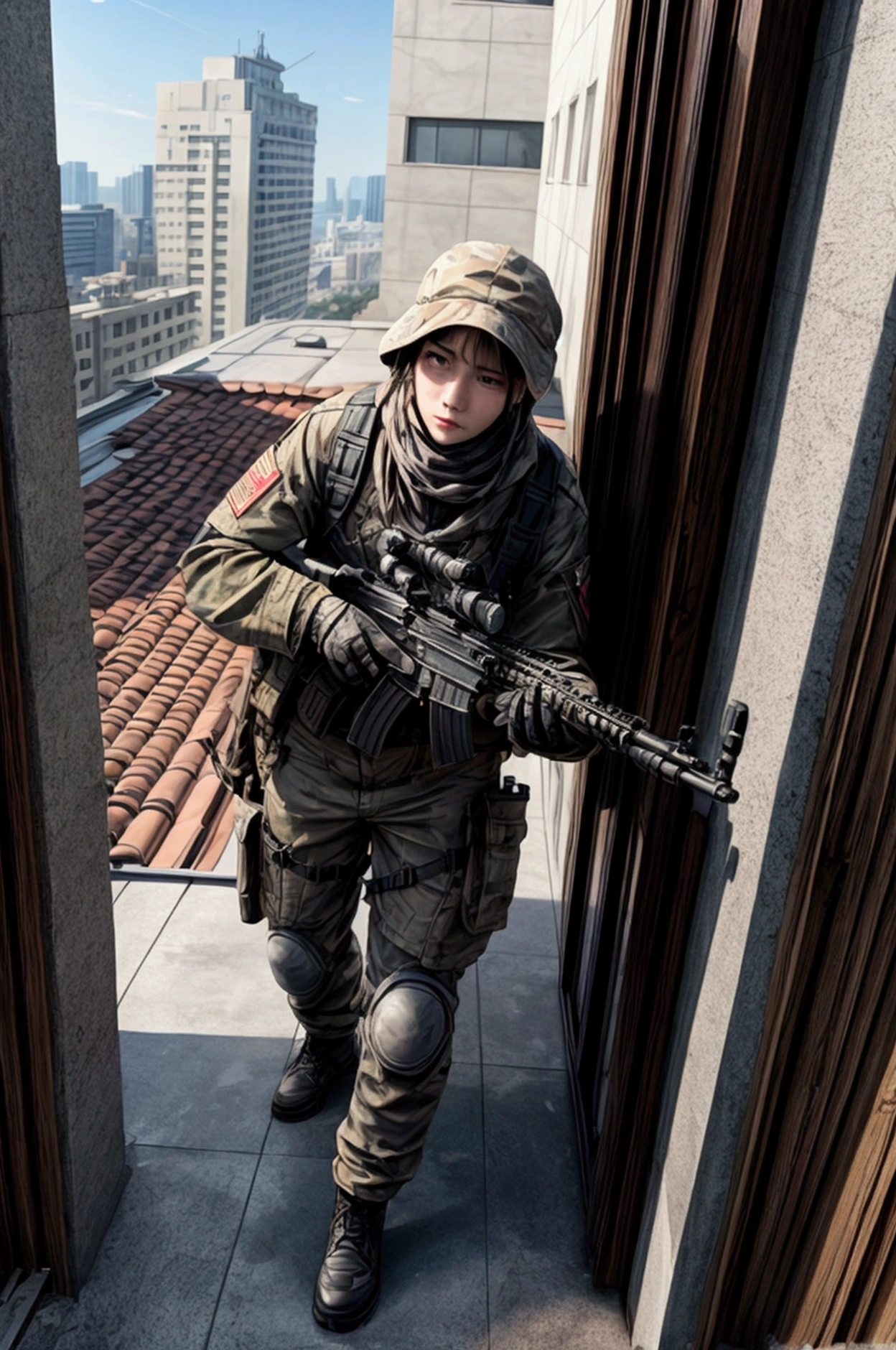 masterpiece,Highest quality,8k,High resolution,Raw photo,Professional,
Physically Based Rendering,Thin contours,
Building district,A sniper shoots at a target on the roof of another building,
He hides in a corner of the rooftop with his rifle at the ready.,