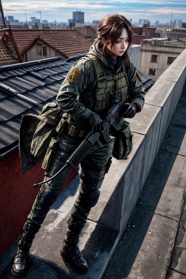 masterpiece,Highest quality,8k,High resolution,Raw photo,Professional,
Physically Based Rendering,Thin contours,Medium Shot,
Building district,A sniper shoots at a target on the roof of another building,
Still no target,He hides in a corner of the rooftop with his rifle at the ready.,
(Lying face down),