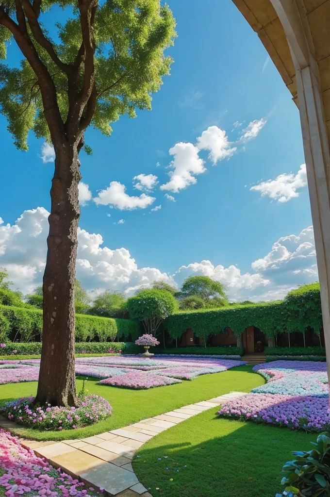 Dreamy place which is like a fairy world or heaven with flower petals flowing in sir , nice relaxing environment and beautiful clouds