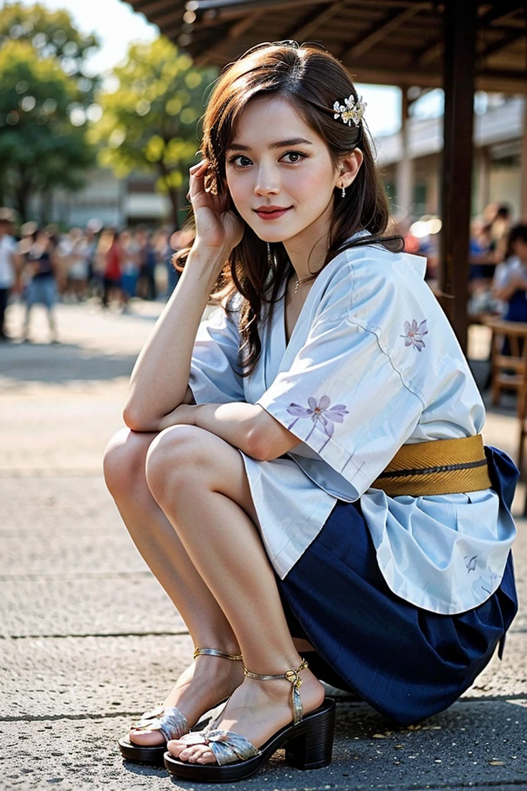 (Preserve face images), Golden Ratio、pale face:1.3、Super thin face:1.3, (very big eyes:1.5)、 (blown eyes:1.5), master piece、8k, {highest quality}, {{masterpiece}}, {very delicate and beautiful}, outstanding light and shadow, highly detailed wallpaper, clear, (((Full body))), 1 girl, blush、(薄い茶colourの髪), strong sunlight, ((a strong light shines on your face)), colour々A pose:1.5, necklace、ring、earrings、(((Wearing a white yukata with a floral pattern))), (sandals with heels:1.2)、Fireworks display、Many food stalls and crowds、Fireworks are going off overhead、(Toothless smile:1,5),