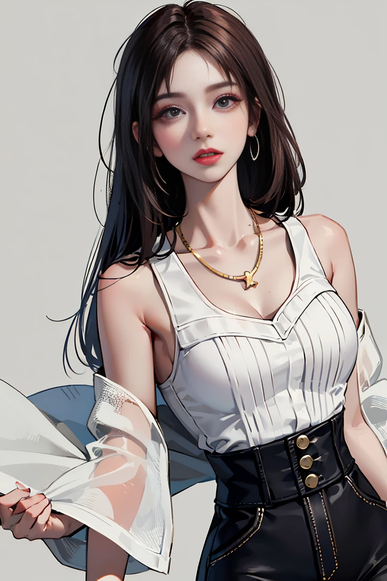 a 20 yo woman, Dark red Hair、poneyTail、(hi-top fade:1.3)、dark themed、Muted Tones、Subdued Color、highly contrast、(natural skin textures、Hyper-Realism、Soft light、sharp)、makeup, mascara, Lips are subdued or colors, simple black background, Minimalism, monotone, simple color palettes, Clean, sharp designs, flowing silhouettes, Tight skirts and pants, high-waisted skirts and pants, simple dresses, shirts and blouses, asymmetrical, geometric, Elegant and luxurious materials and designs, Simple, minimal accessories, Slim necklaces and rings in silver or gold, Simple bangles, Distinctive designs, simple silhouettes, simple and sophisticated style, elegance, minimalism, high quality materials, cool and urban impression, high fashion, simplicity and sophistication,