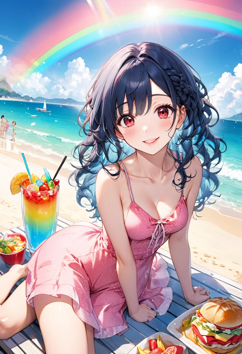 (full body, pov style), (solo:2, 15 yo, curly:1.3 black blue hair long hair cute girl, cute red eyes, happy smile, glossy lip, sexy medium1.2 tits), (in a pink summer one piece dress), break, in the Beach food stalls, background Double Exposure beautiful ocean and beautiful rainbow, BREAK, perfect anatomy, masterpiece, best quality, 16k, beautiful detailed love, sexy, daydreaming expression.