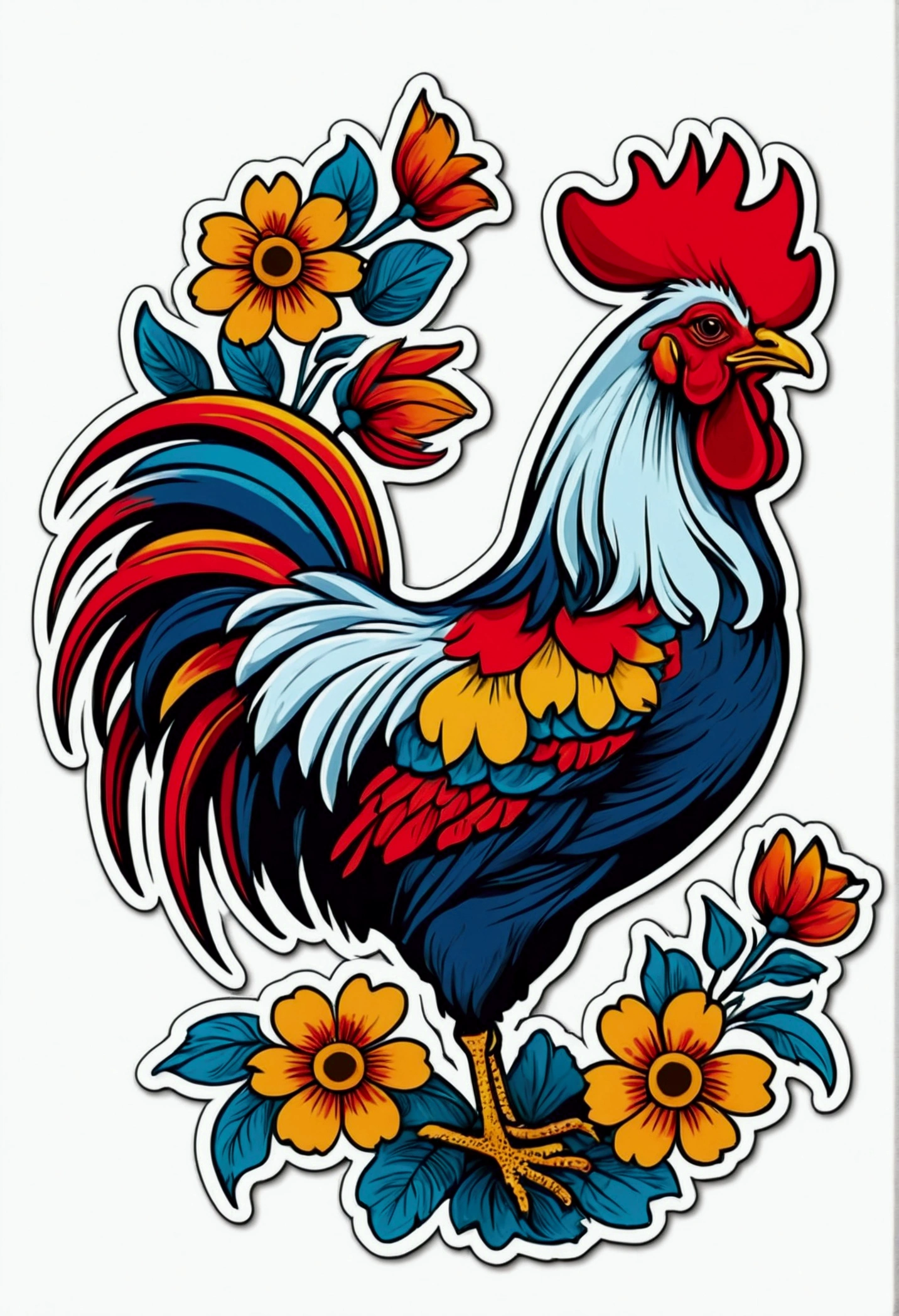 sticker with flowers, White background, vectorised, 8k , colorful illustration of the barcelos rooster in the center, Paint splashes and stains, high détail, very aesthetic, absurdrez, super verbose, details Intricate: 1.3