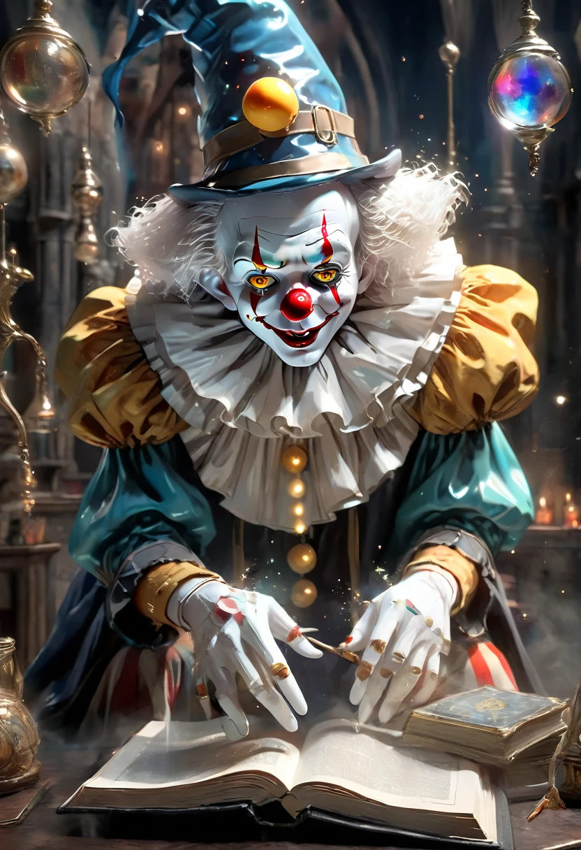 (Melhor qualidade, 8K, high resolution, Obra-prima: 1.2), Ultra detalhado, (Realista, Fotorrealista, Fotorrealista: 1.37), (A clown dressed at Hogwarts School of Witchcraft and Wizardry, The eyes are full of strangeness and wickedness，In a magical ritual: 1.42), With his magic book and a crystal staff with mystical symbols. The scene is full of vivid colors. The clown's magic trick creates a captivating visual spectacle. Every detail of the magic is meticulously rendered. Textures and lighting effects highlight the pulsating energy. The images are true works of art, have very high resolution. Every detail has been taken care of with the utmost care, Possui uma atmosfera impressionante cheia de magia, Cercado por uma aura misteriosa, (anatomicamente correta, pele texturizada, UHD, obra-prima, precisa, super detalhe, alta qualidade, melhor qualidade, high resolution , 8k), elemento fogo composto por elementos fogo