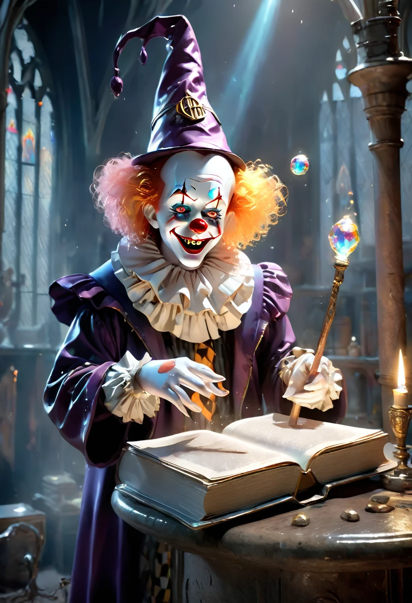 (Melhor qualidade, 8K, high resolution, Obra-prima: 1.2), Ultra detalhado, (Realista, Fotorrealista, Fotorrealista: 1.37), (A clown dressed at Hogwarts School of Witchcraft and Wizardry, The eyes are full of strangeness and wickedness，In a magical ritual: 1.42), With his magic book and a crystal staff with mystical symbols. The scene is full of vivid colors. The clown's magic trick creates a captivating visual spectacle. Every detail of the magic is meticulously rendered. Textures and lighting effects highlight the pulsating energy. The images are true works of art, have very high resolution. Every detail has been taken care of with the utmost care, Possui uma atmosfera impressionante cheia de magia, Cercado por uma aura misteriosa, (anatomicamente correta, pele texturizada, UHD, obra-prima, precisa, super detalhe, alta qualidade, melhor qualidade, high resolution , 8k), elemento fogo composto por elementos fogo