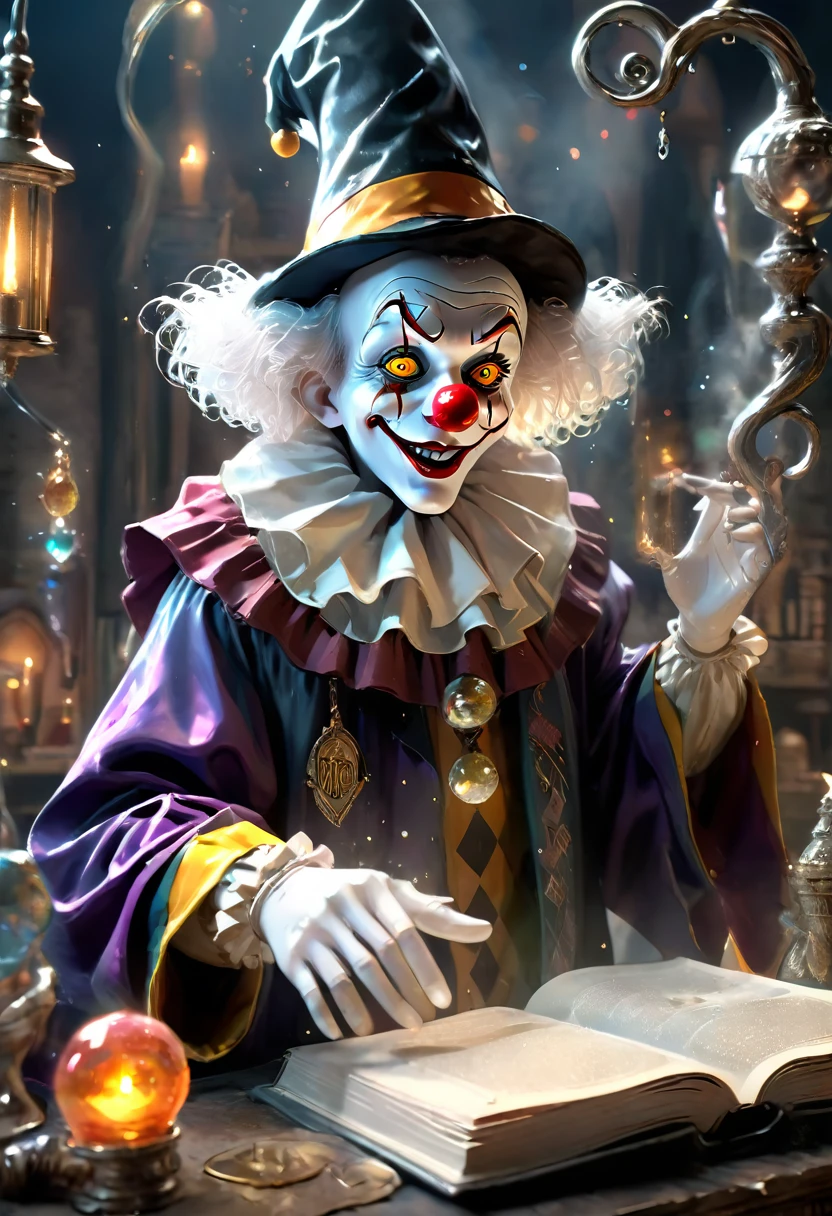 (Melhor qualidade, 8K, high resolution, Obra-prima: 1.2), Ultra detalhado, (Realista, Fotorrealista, Fotorrealista: 1.37), (A clown dressed at Hogwarts School of Witchcraft and Wizardry, The eyes are full of strangeness and wickedness，In a magical ritual: 1.42), With his magic book and a crystal staff with mystical symbols. The scene is full of vivid colors. The clown's magic trick creates a captivating visual spectacle. Every detail of the magic is meticulously rendered. Textures and lighting effects highlight the pulsating energy. The images are true works of art, have very high resolution. Every detail has been taken care of with the utmost care, Possui uma atmosfera impressionante cheia de magia, Cercado por uma aura misteriosa, (anatomicamente correta, pele texturizada, UHD, obra-prima, precisa, super detalhe, alta qualidade, melhor qualidade, high resolution , 8k), elemento fogo composto por elementos fogo