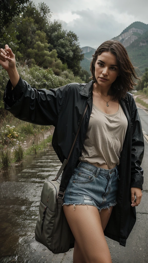 Hitchhiking woman Large trucks It rains