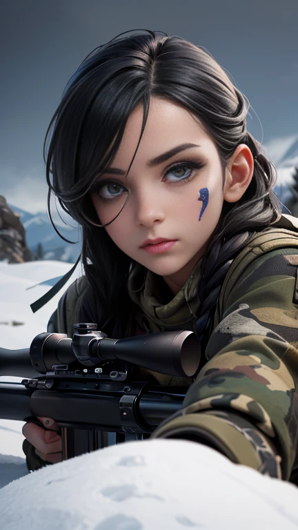 a highly detailed portrait of a sniper, beautiful detailed eyes, beautiful detailed lips, extremely detailed eyes and face, long eyelashes, military uniform, scoped rifle, camouflage face paint, crouching in a sniper position, rocky mountain terrain, moody dramatic lighting, cinematic composition, photorealistic, 8k, hyper detailed