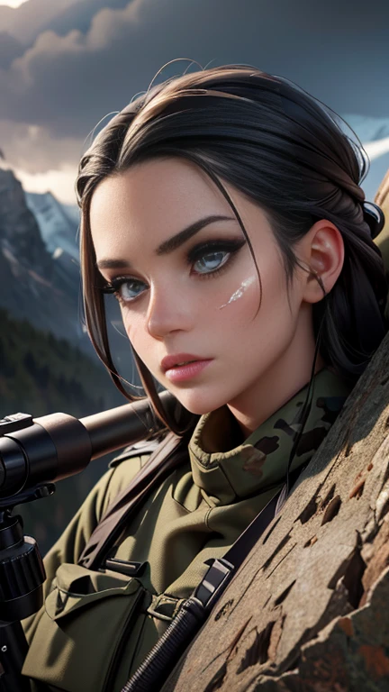 a highly detailed portrait of a sniper, beautiful detailed eyes, beautiful detailed lips, extremely detailed eyes and face, long eyelashes, military uniform, scoped rifle, camouflage face paint, crouching in a sniper position, rocky mountain terrain, moody dramatic lighting, cinematic composition, photorealistic, 8k, hyper detailed