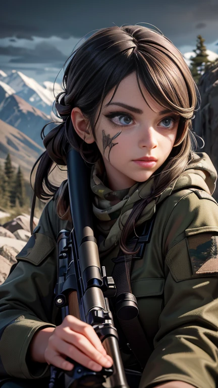 a highly detailed portrait of a sniper, beautiful detailed eyes, beautiful detailed lips, extremely detailed eyes and face, long eyelashes, military uniform, scoped rifle, camouflage face paint, crouching in a sniper position, rocky mountain terrain, moody dramatic lighting, cinematic composition, photorealistic, 8k, hyper detailed