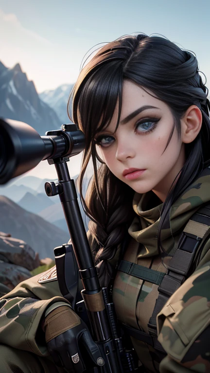 a highly detailed portrait of a sniper, beautiful detailed eyes, beautiful detailed lips, extremely detailed eyes and face, long eyelashes, military uniform, scoped rifle, camouflage face paint, crouching in a sniper position, rocky mountain terrain, moody dramatic lighting, cinematic composition, photorealistic, 8k, hyper detailed