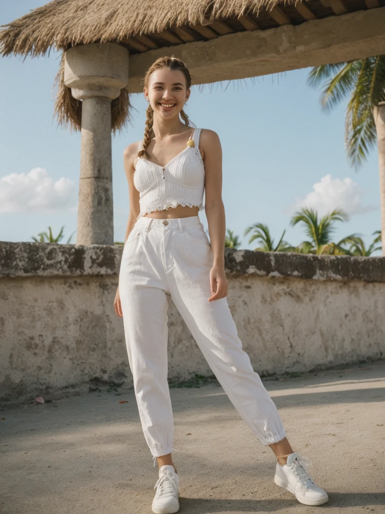 her name is Chrsotine, high quality, 1girl, ((20-year-old fit Caucasian woman)), ((20 years old)), ((fit)), ((Halo Braid)), pose: standing, wearing unique Generation-Z modern wear, BACKGROUND: Caribbean nation on the island of Hispaniola, smiling