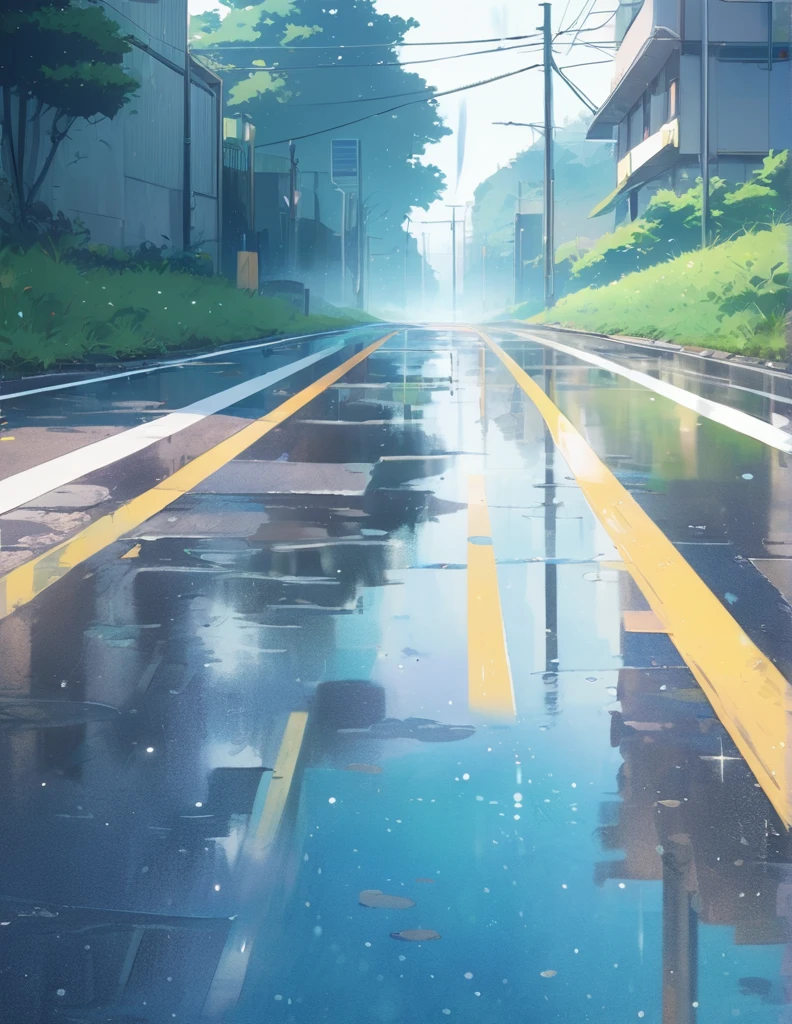 (Anime Style:1.4),A soft touch to painting、超High resolution, Attention to detail, high quality, High resolution, 最high quality, 4K, 8k,Road after the rain、Puddle and girl、Pastel color effect