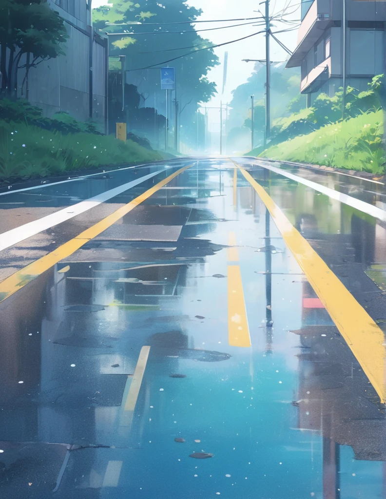 (Anime Style:1.4),A soft touch to painting、超High resolution, Attention to detail, high quality, High resolution, 最high quality, 4K, 8k,Road after the rain、Puddle and girl、Pastel color effect