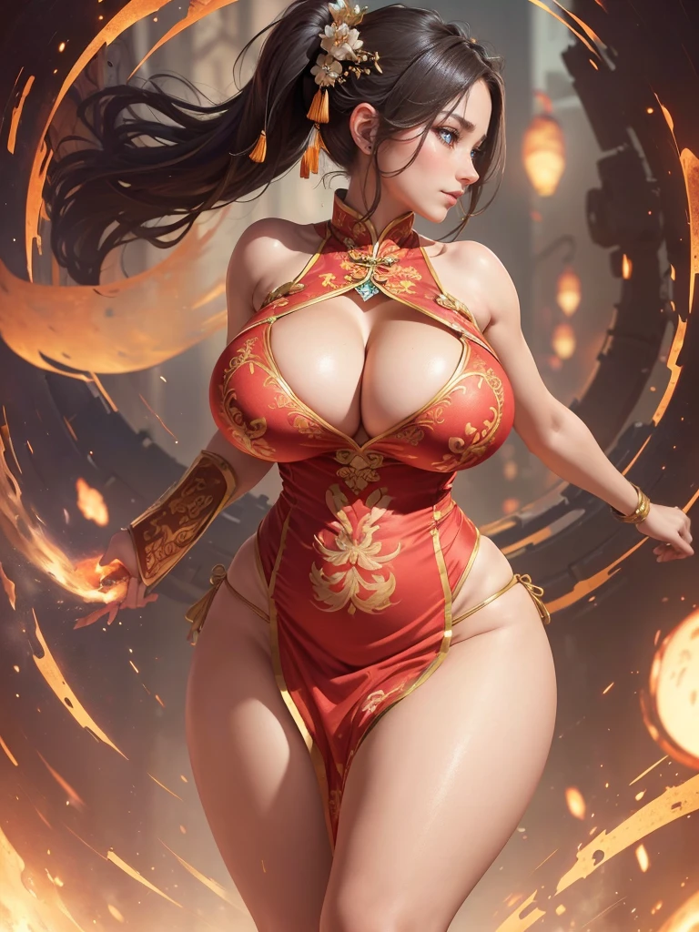 Highly detailed CG unit 8k wallpaper, masterpiece, High resolution, highest quality, highest quality real texture skin, Super Real, Digital Painting, Best image quality, 最High resolution, 8k, ((Highly detailed eyes and face)), 1girl, Beautiful eyes every detail, Full Body Shot, (profile, from side), (((Saggy breasts, Gravity-dependent breasts, long chest, Heavy chest, ))), ((disproportionate breasts, huge breasts, sagging breasts, Cleavage, gigantic breasts, erect nipple,)), short hair, slender, Tube top, Loincloth, Chinese style embroidery, china dress, chinese dress, ancient China, evil grin, smile,
