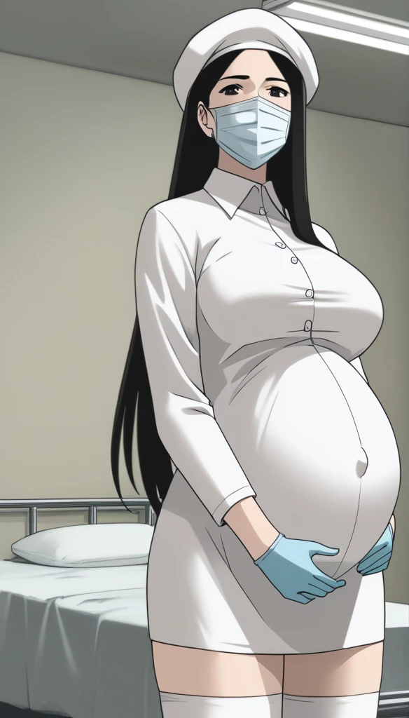 score_9, score_8_up, score_7_up, source_anime, raw image, masterpiece, highest quality, kasuganoray, pale skin, she narrowed her eyes, eyes want to have sex, her eyes were filled with a high level of lust, looking_at_viewer, long black hair, close ears, big breasts, scrubs, surgical mask, bouffant cap, long sleeve maternity dress, put on another long sleeved coat, seamless, navel head, the dress isn't wrinkled, tight fitting, long white stockings,
1girl, pregnant, solo, sexy, long rubber gloves, looking down, look at viewer, furrowed brow, hospital bed, light shines from the ceiling, standing, patient room background, she has a high sex drive, she is sexually arousing, she looked like she really wanted to have sex, she is inquiring about the patient's condition, she persuaded him to have sex with her, she invites you have sex with her, she invites you to have sex with her, she acted sexually, masturbate, she looks like she wants to have sex