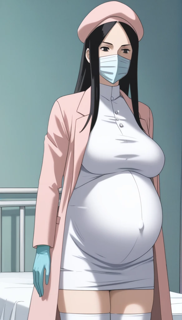 masterpiece, highest quality, (RAW photo, best quality), 1girl, frown, pale skin, shy eyes, big breasts, pregnant, stand, natural lighting, solo, hospital, in the operating room, surgical bet,
ray kasugano, pregnant with big belly, labcoat, (give a score of 9_give a score of 8_give a score of 7) long sleeve surgical gown, tip of nipple, navel head, surgical cap, cover ears, surgical mask, long surgical gloves,
