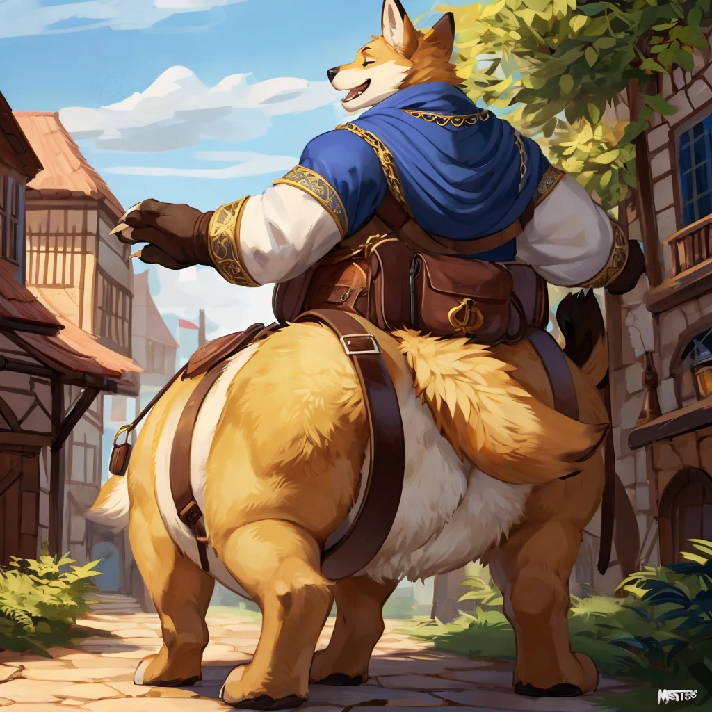 Penetration from behind, (Rear view), 4k ultra quality, 4k full body view,ultra high detailed body,singo person,foxtaur, detailed body, (ultra detailed belly), white belly fur,big belly, ((round taur belly)), enormous taur belly, enormous taur body, bulge,by mystikfox61, by glitter trap boy, by bebebebebe,by morethreedee, by seibear,(thick thigh),(chubby thigh),thicc thigh,thick legs,chubby legs,thicc legs,massive butt,enomorous thigh,massive thigh,massive legs,(detailed thigh),(wide thigh),thick butt,fluffy belly,furry belly,sharp nails,((sfw)),(ultra detailed face),ultra detailed eyes,cute face,green eyes,(golden fur),mouth open,big tail,fluffy tail,(detailed tail),enomorous tail,front view,bigger tail,huge tail,immobile taur,enomorous thigh,fluffy paws,detailed paws,thick paws,chubby paws,huge paws,big paws,(black paws),bare paws,ornate belts,ornate necklace,golden bracelet,leather belts,multiple belts,ultra big bulge,huge bulge, saddle bags,ornate saddle,saddle packs,big packs,mediaeval town,mediaeval style,treader