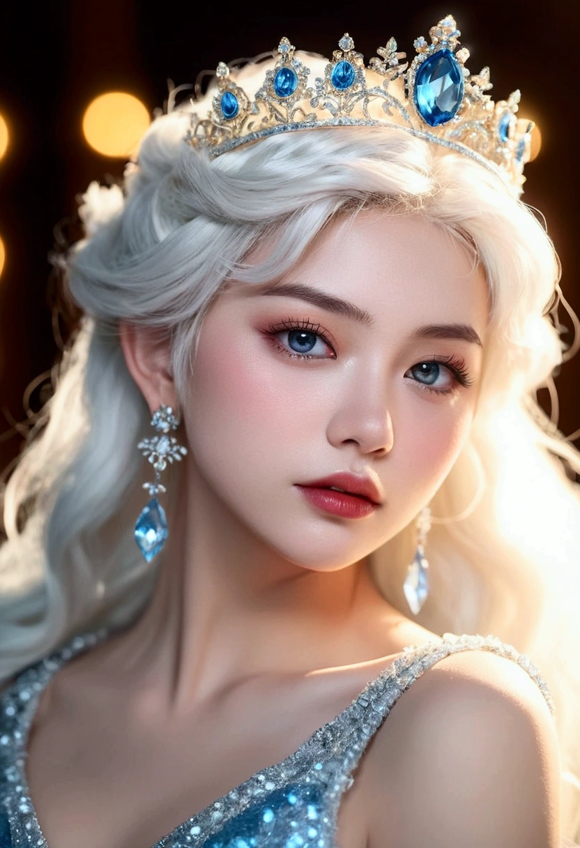 (front close up angle:1.2), frosted style, closely photo of a fierce and beautiful snow queen, blue and blonde hair, (pale skin_frosted lips, frosty eyelashes, light blonde hair), Wearing a dress made of frozen transparent glass, frosty eyelashes, Beautifully detailed high quality tiara and cold golden earrings, realistic eyes, closely, bokeh, 4K, HDR