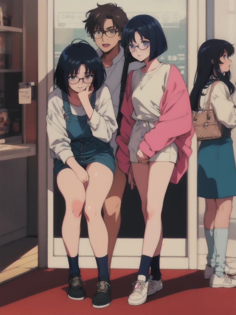 bob cut, black hair, rimless eyewear, mole under eye, solid circle eyes, (full body), 2girl, Embarrassed, (80s anime), to pussy insert