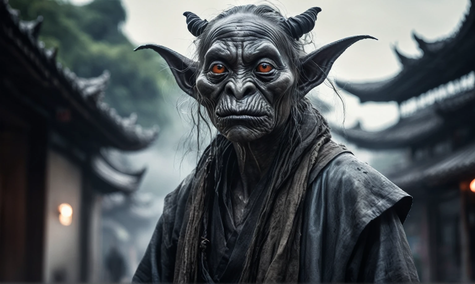 full body length shot,beggar graphite Manganite sparas, wants eat,survival in Korean city of future,Cinematic,soft colors, Technicolor,natural skin textures, hyper realism, hyper detailed,Extremely detailed,High contrast,Masterpiece,Realistic,Ultra Detailed, intricate details,realistic humid leather,extremely intricate,Epic Realistic, cinematic style,irina yermolova,high contrast,hdr,extremely detailed, [deep night landscape],masterpiece,intricate details,faded,eyes extremely detailed, high detailed eyes,16k resolution,RAW,retina, Nikon Z9,China,Songbird,orc,Li River in Guangxi Zhuang of China,tkt style, Pisces, pointed ears，perfect, ginger，transition between two art styles, Ink painting to photorealism, Double contact, X-ray, Creative, vivid light, masterpiece, fantasy, Abstract, Surrealism, super detailed, high resolution, stop:35,(((creature with a spectral and ghostly appearance)). Her skin is pale, almost translucent.strange wears dark, torn clothes that float around him, as if permeated by an aura of mourning. Its appearance is complemented by details such symbols of  gothic elements, further emphasizing its dark air. is photo as a haunted and tormented entity,{creature}