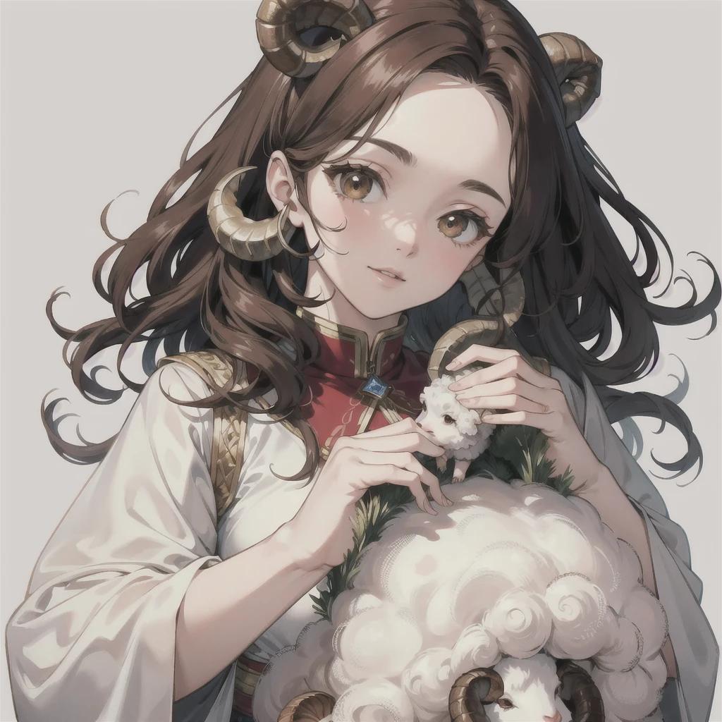 (masterpiece:1.2, Highest quality), 1 female, alone,Aries images,A brown-haired woman wearing fluffy clothes, Shortcuts, figure, Image of a sheep,The background is solid red