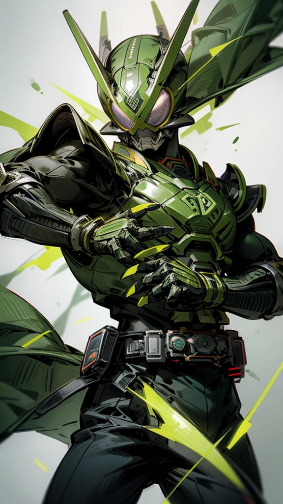 Kamen Rider. Green suit. Samurai armor. Draconic suit. dynamic pose