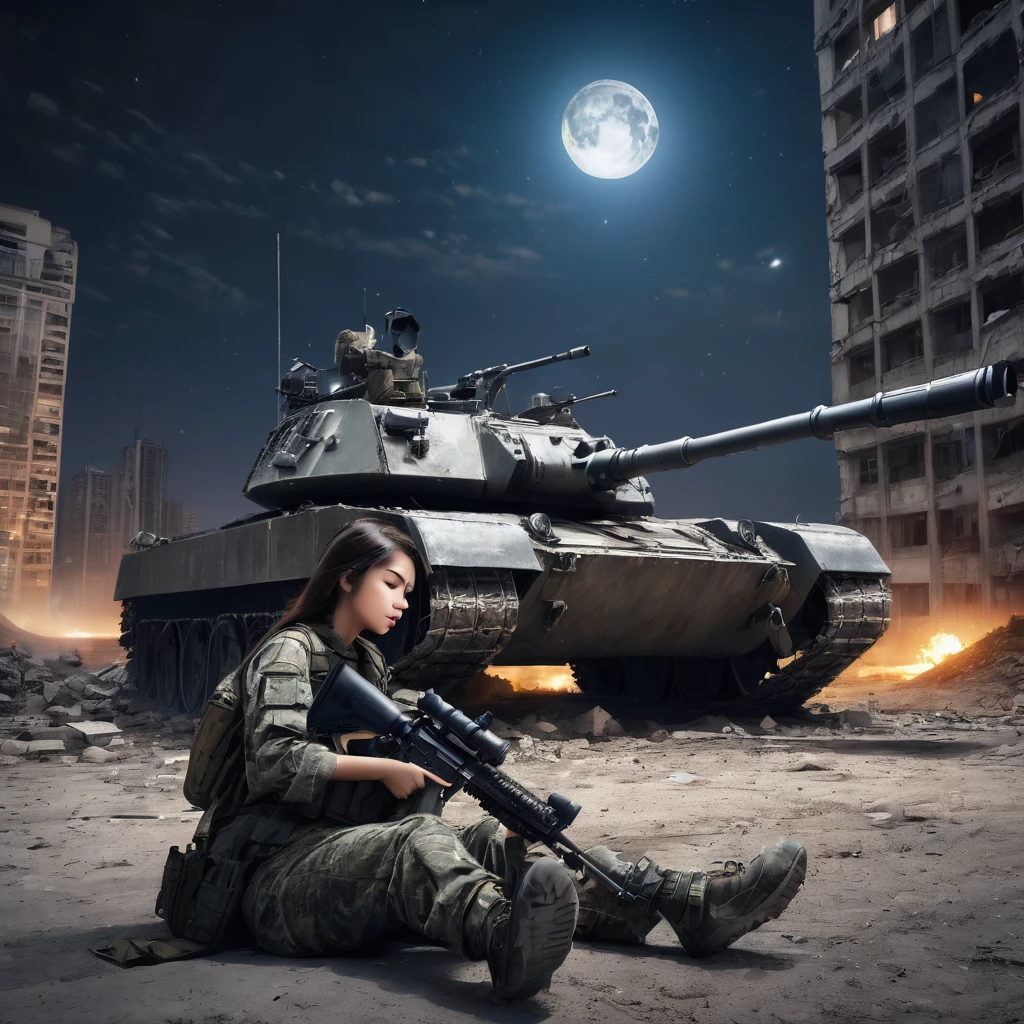 Highest quality, Highest quality, 16K, Unbelievably absurd, Very detailed, delicate and dynamic, Natural light, The particles reflect light, Diffuse reflection of light, Vortex of Light, war zone, bombs blusting around, dark outfield, ruined big city, roof top of ruined building, moon night, milky way, illumination, Create amazing image effects, Upper body close-up, (sole sexy girl, big Firm bust, , powerful, A professional sniper, exhausted, sitting and sleeping on floor behind a tank with holding M16 auto rifle in arms, swat uniform,)