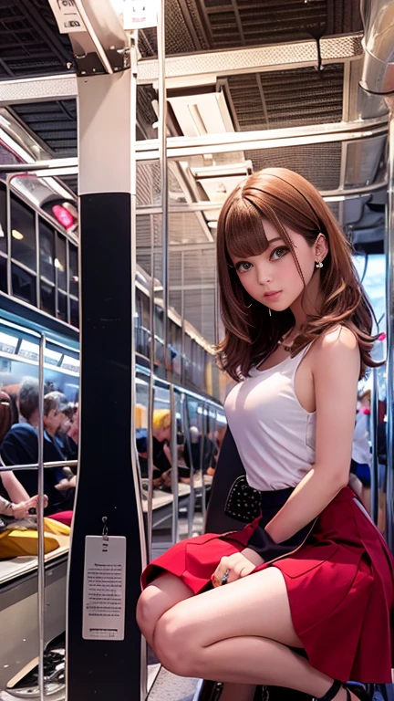 ((Flared skirt dress with ankle-length slit:1.2))、Sleeveless T-shirt、High heels、One girl、Bob Hair、Brown Hair、Medium breast、Beautiful well-formed face、Anatomically correct limbs、Anatomically correct fingerasterpiece:1.3、Highest quality、Raw photo、Inside a New York subway car、Are standing、Shot to the knee、