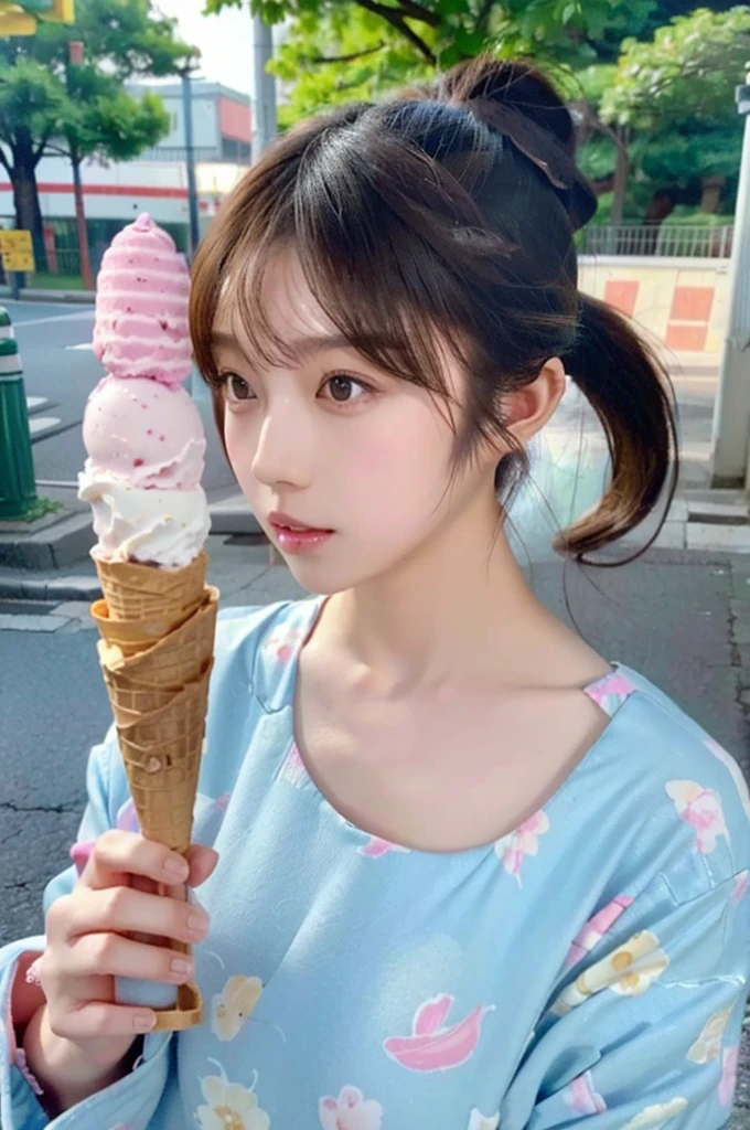 Japanese cute girl licking ice cream, (((licking ice cream))), in the street, ponytail hair, elementary school age, very young girl, (((huge breasts))), (((realistic))), (((High resolution))), (((anatomically correct))), looking at viewer