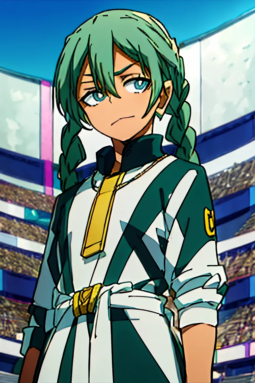female ager. brown skin. Dressed in the UA uniform. jade eyes. long hair. pastel mint hair. Almond eyes. intimidating look. yarn Cornrows hairstyle. jade necklace and accessories. rings in hair