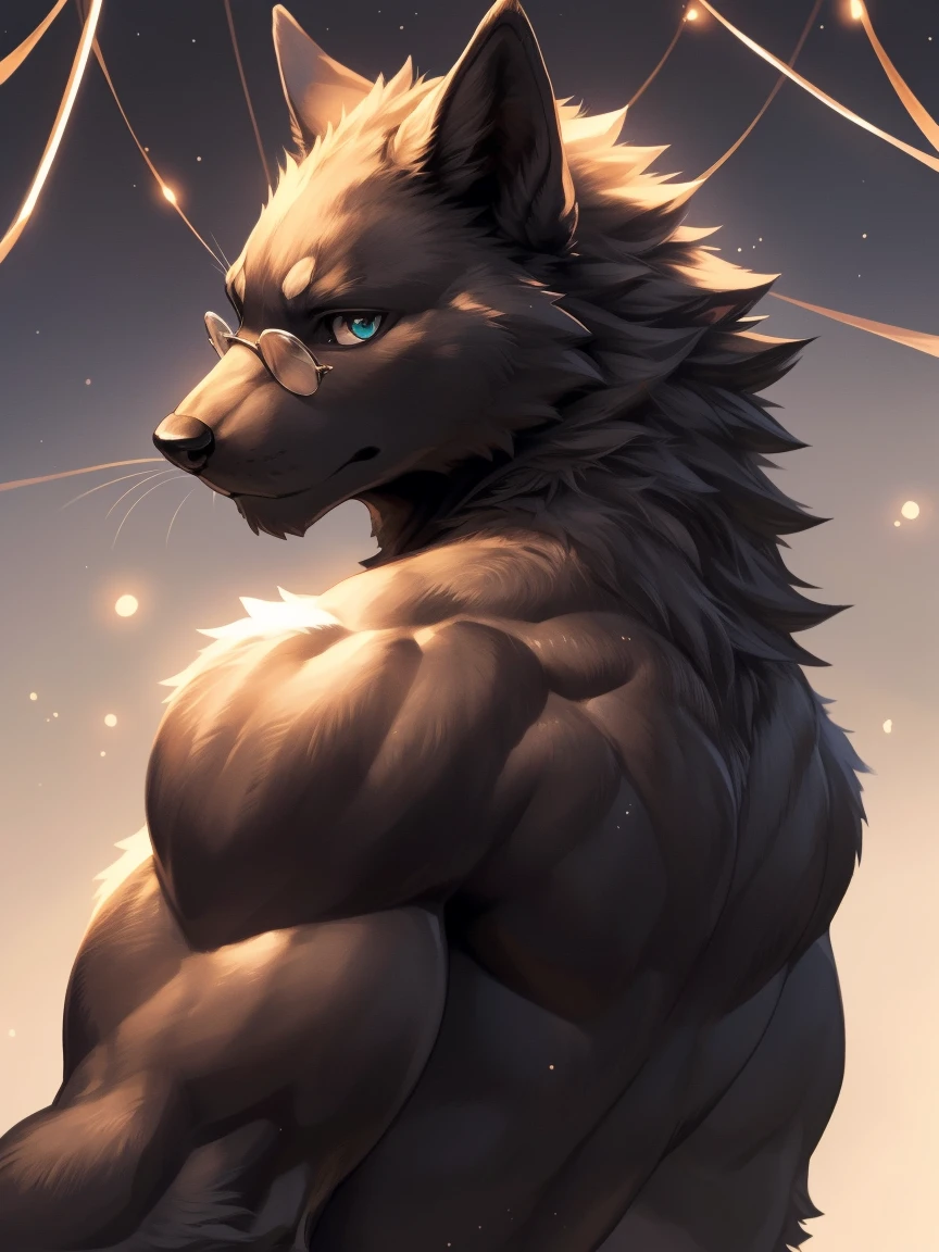 (masterpiece,Highest quality,Very detailed,Perfect Anatomy),kemono,White Background,Particles of light,Sharp focus,From null-ghost,alone,Humanity,Black wolf,naked,Muscular (Black fur:1.5,black body:1.5),Looking at the audience,Beautiful Eyes,String,whole body,Glasses