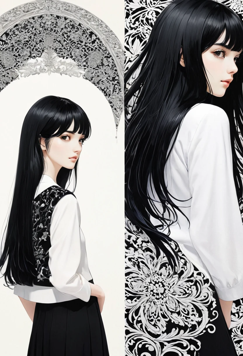 (masterpiece, best quality, Extremely detailed), delicate patterned, Detailed background,
(1 Girl), Solitary, Bankruptcy,
Single Cream, black and white, (Split screen) Long black hair wearing black clothes,Short white hair wearing white clothes, Flip horizontally, symmetry, Clear edges, High contrast,