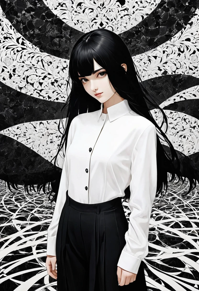 (masterpiece, best quality, Extremely detailed), delicate patterned, Detailed background,
(1 Girl), Solitary, Bankruptcy,
Single Cream, black and white, (Split screen) Long black hair wearing black clothes,Short white hair wearing white clothes, Flip horizontally, symmetry, Clear edges, High contrast,