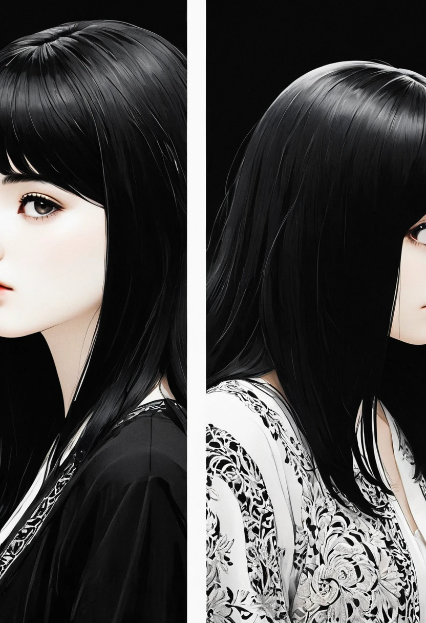 (masterpiece, best quality, Extremely detailed), delicate patterned, Detailed background,
(1 Girl), Solitary, Bankruptcy,
Single Cream, black and white, (Split screen) Long black hair wearing black clothes,Short white hair wearing white clothes, Flip horizontally, symmetry, Clear edges, High contrast,