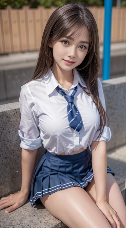 Beautiful long hair, One Girl, Very cute face, Great face and eyes, (Highly detailed eyes, Highly detailed face), (Ultra-realistic, High resolution), (Highest quality:1.4), RAW Photos, (Realistic, Realistic:1.37), Professional photography, Cinematic Light, (Great :1.2), (school uniform, Blue pleated mini skirt:1.5), Very short skirt、smile, Sitting, Spread your legs, (Panty sString)),look at me, Outdoor, town、Waiting for Nampa、Lure