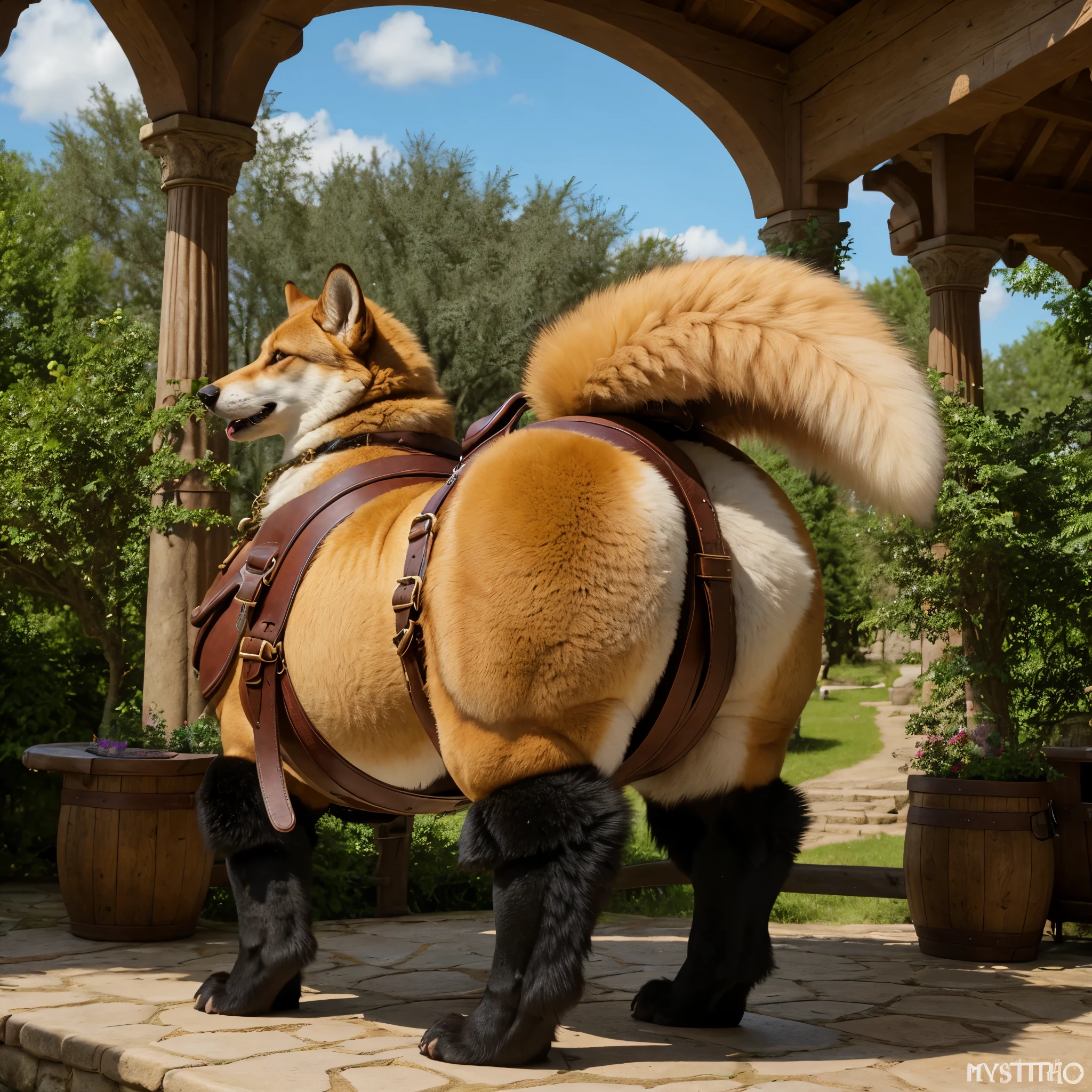 (Rear view), 4k ultra quality, 4k full body view,ultra high detailed body,singo person,foxtaur, detailed body, (ultra detailed belly), white belly fur,big belly, ((round taur belly)), enormous taur belly, enormous taur body, bulge,by mystikfox61, by glitter trap boy, by bebebebebe,by morethreedee, by seibear,(thick thigh),(chubby thigh),thicc thigh,thick legs,chubby legs,thicc legs,massive butt,enomorous thigh,massive thigh,massive legs,(detailed thigh),(wide thigh),thick butt,fluffy belly,furry belly,sharp nails,((sfw)),(ultra detailed face),ultra detailed eyes,cute face,green eyes,(golden fur),mouth open,big tail,fluffy tail,(detailed tail),enomorous tail,front view,bigger tail,huge tail,immobile taur,enomorous thigh,fluffy paws,detailed paws,thick paws,chubby paws,huge paws,big paws,(black paws),bare paws,ornate belts,ornate necklace,golden bracelet,leather belts,multiple belts,ultra big bulge,huge bulge, saddle bags,ornate saddle,saddle packs,big packs,mediaeval town,mediaeval style,treader