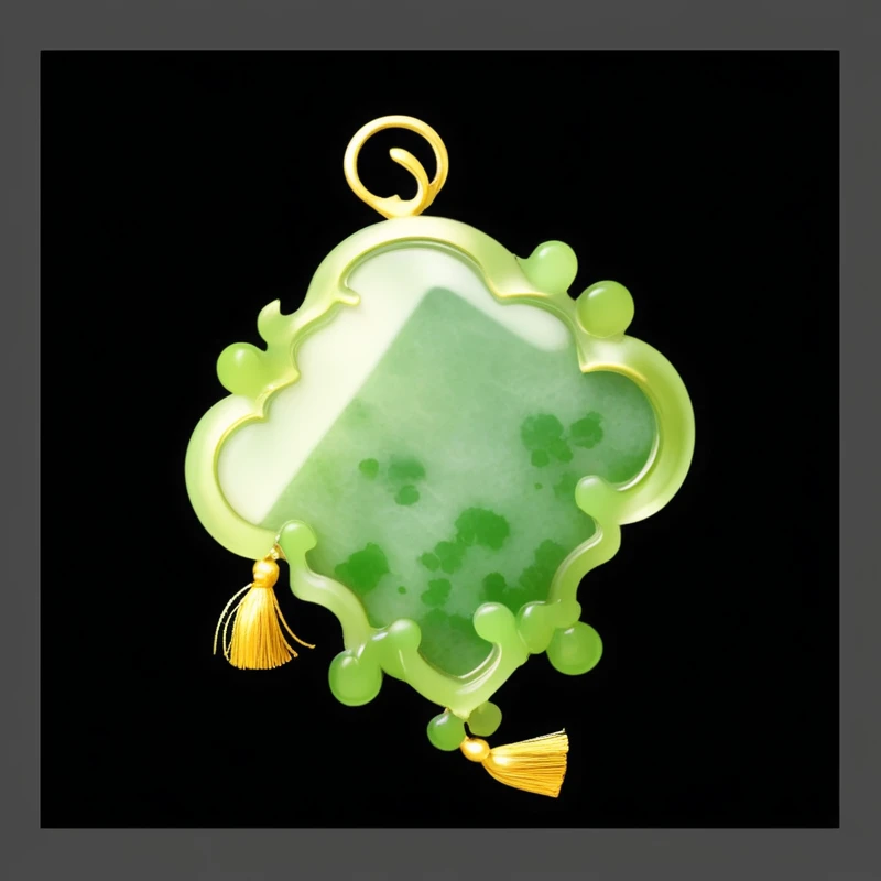 绿色的Jade Pendant，Golden tassels。Jade Pendant，Game Resources。 雕刻着花纹的Jade Pendant，Hand drawn texture