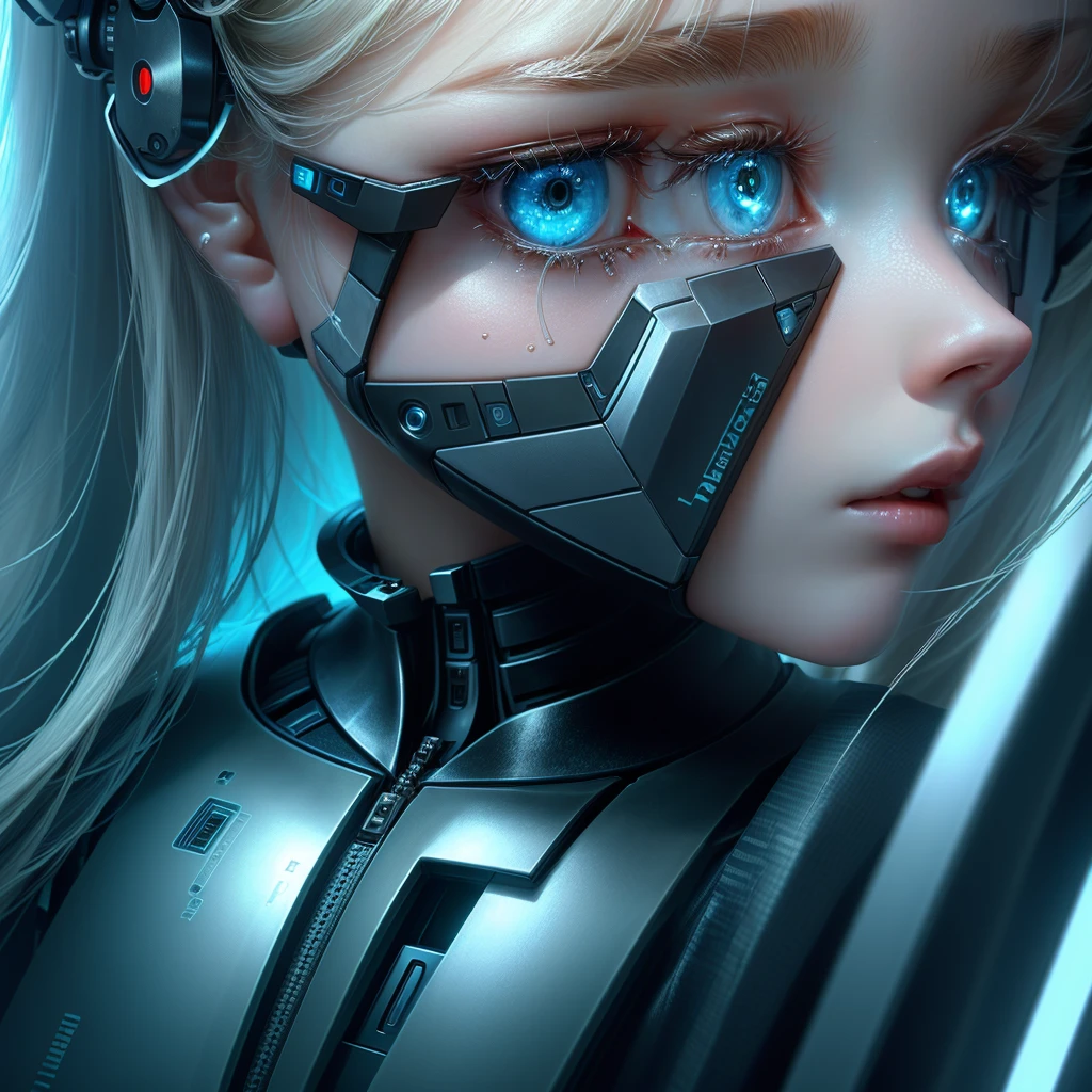 Close-up of a person with a robot head attached to a mobile phone, A mix of anime robots and organic matter, Robot wearing a human mask, Elle Fanning as an Android, Integrated synthetic android, Detailed face of android, Robot with a human face, Best AI Images, Cool Cyborg movie stills, beautiful crying! Android Woman, Cyborg - Girl, Perfect android girl