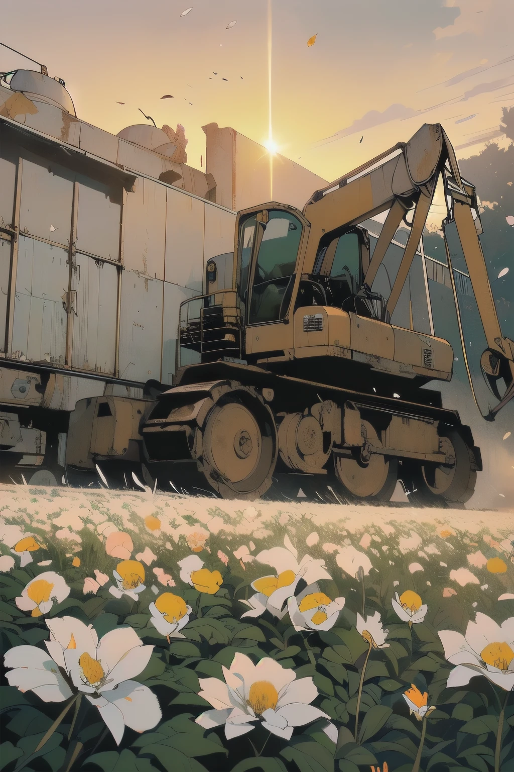 Detailed Machinery、Abandoned Factory、Atrium、(((White Flower Field)))、(((Rusty heavy equipment)))、Gorgeous light leaks、(((Sunset)))、fog、Detailed Background、Highest quality、(((No humans)))、Broken heavy machinery、Complex heavy machinery、Faint lighting、(((Fluttering white petals)))、sunset、(((Dull colors)))、(((Yellow heavy machinery)))、(((Many white flowers fly)))
