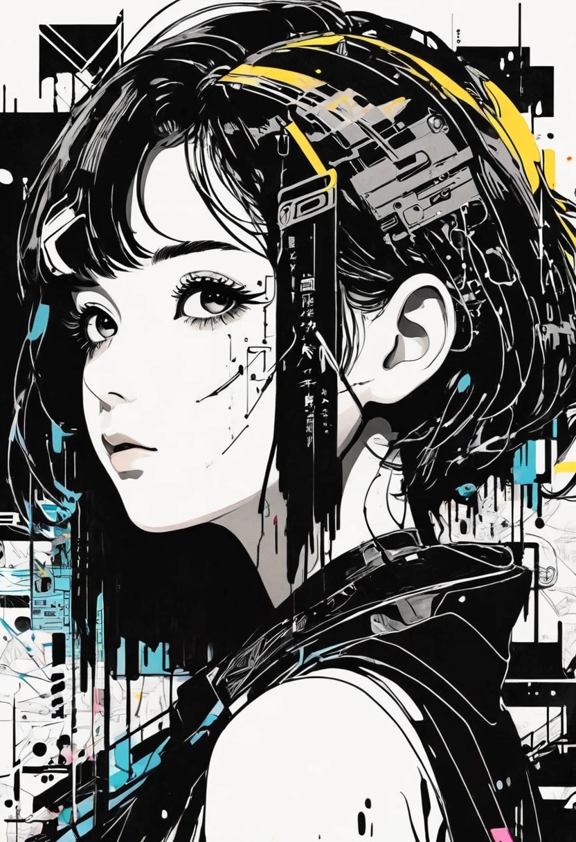 Montage Art Creation。Minimalism,ink,anime Line Art, A girl, Kawaii, Cyberpunk, ink paint Line Art, Vector Art, Thick Line, Technical drawings, (Line Art:1.4), Minimalism者, masterpiece, black and white,