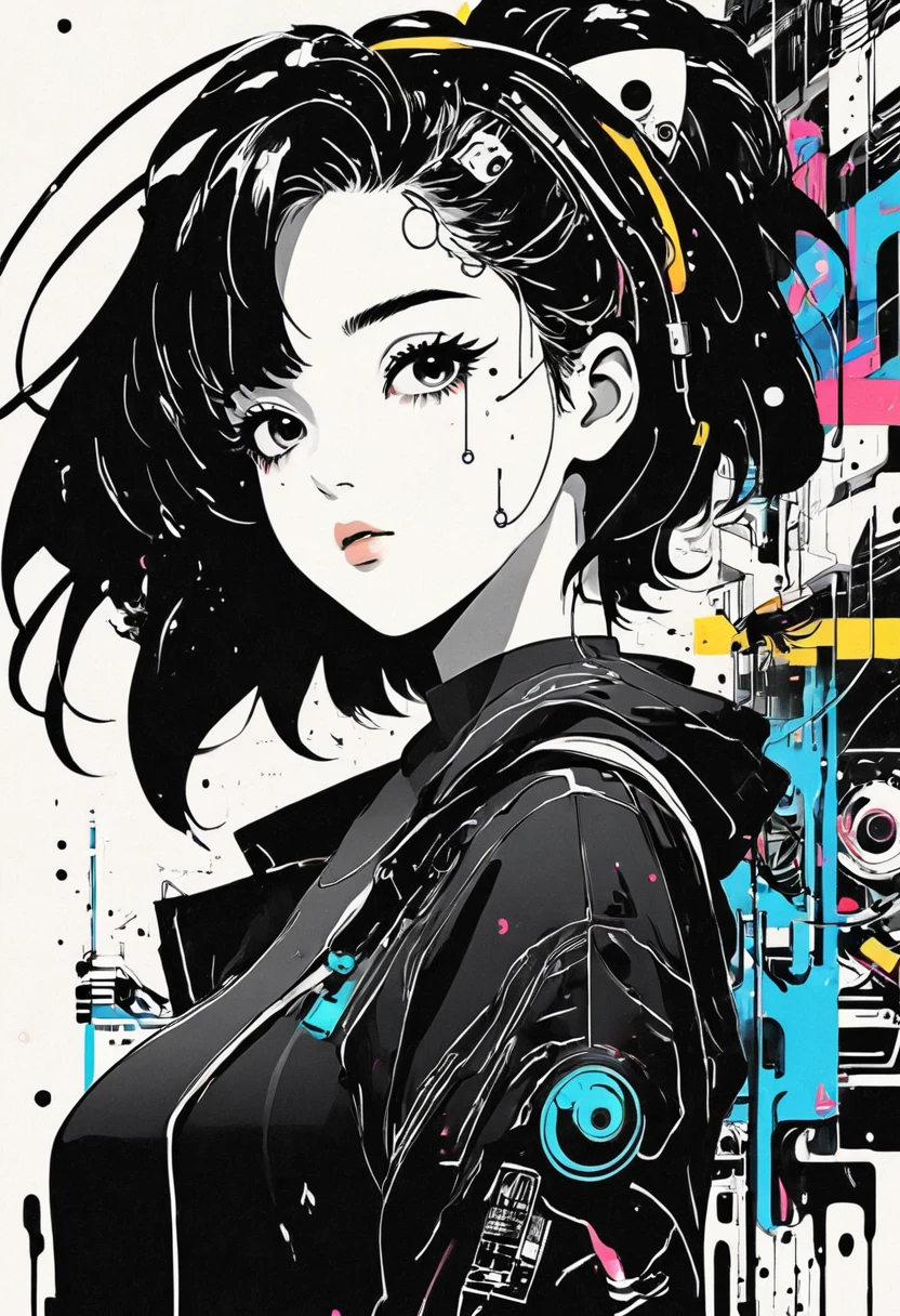 Montage Art Creation。Minimalism，ink，anime Line Art, A girl, Kawaii, Cyberpunk,  ink paint Line Art, Vector Art, Thick Line, Technical drawings, (Line Art:1.4), Minimalism者, masterpiece, black and white,