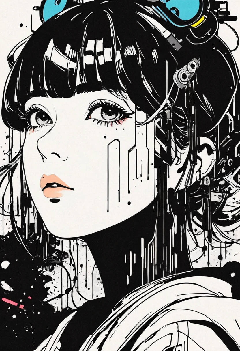 Montage Art Creation。Minimalism，ink，anime Line Art, A girl, Kawaii, Cyberpunk,  ink paint Line Art, Vector Art, Thick Line, Technical drawings, (Line Art:1.4), Minimalism者, masterpiece, black and white,