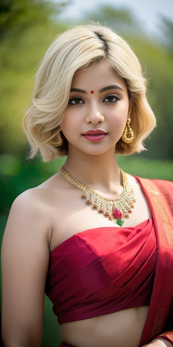 (((desi girl))), chubby face, natural skin, huge breasts, wearing red saree, charming black hair, ((hair ends are blonde)), greenary village background, bokeh