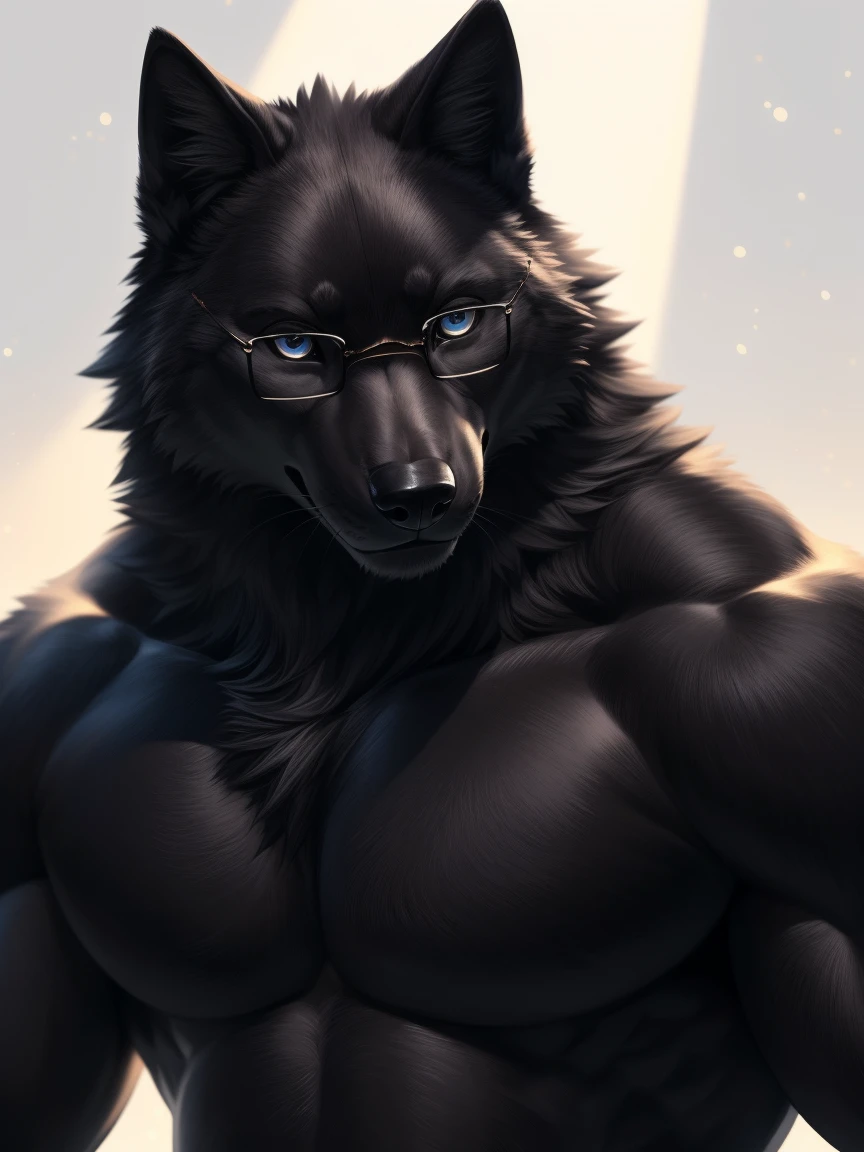 (masterpiece,Highest quality,Very detailed,Perfect Anatomy),kemono,White Background,Particles of light,Sharp focus,From null-ghost,alone,Humanity,Black wolf,naked,Muscular (Black fur:1.5,black body:1.5),Looking at the audience,Beautiful Eyes,String,whole body,Glasses,whole body