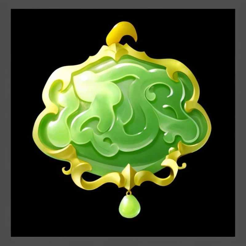 绿色的Jade Pendant,Golden tassels。Jade Pendant,Game Resources。 雕刻着花纹的Jade Pendant,Hand drawn texture