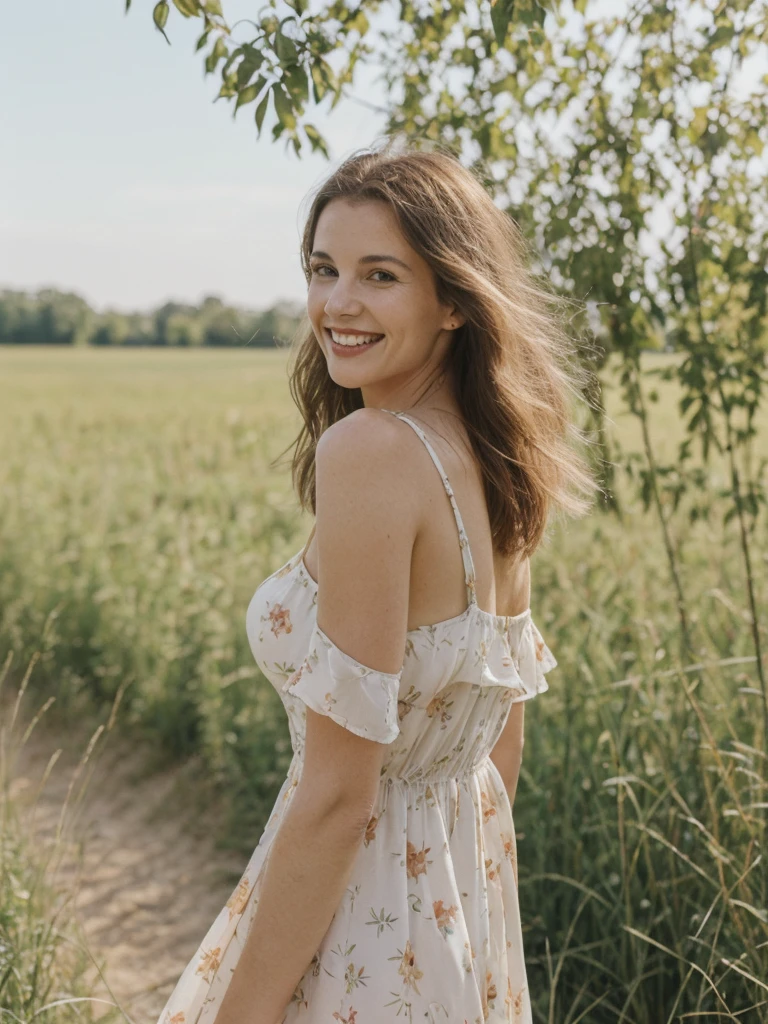 Chloe Laurent, 1girl, solo, realistic, (((consistent face and image))), ((Caucasian mature)), ((French woman)), ((French nose)), ((French lips)), ((French body and skin)), ((upper body and upper legs)), A model in a sundress walking through a field, smiling