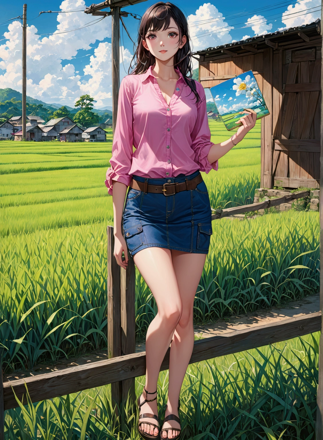 realistic anime illustration of a young beautiful woman standing and looking at viewer at rice field on blue sky rural town, she wearing pink blouse, navi-blue denim cargo pencil mini skirt with belt and black sandals, vivid colors, (1girl, solo, full body), (masterpiece, best quality)